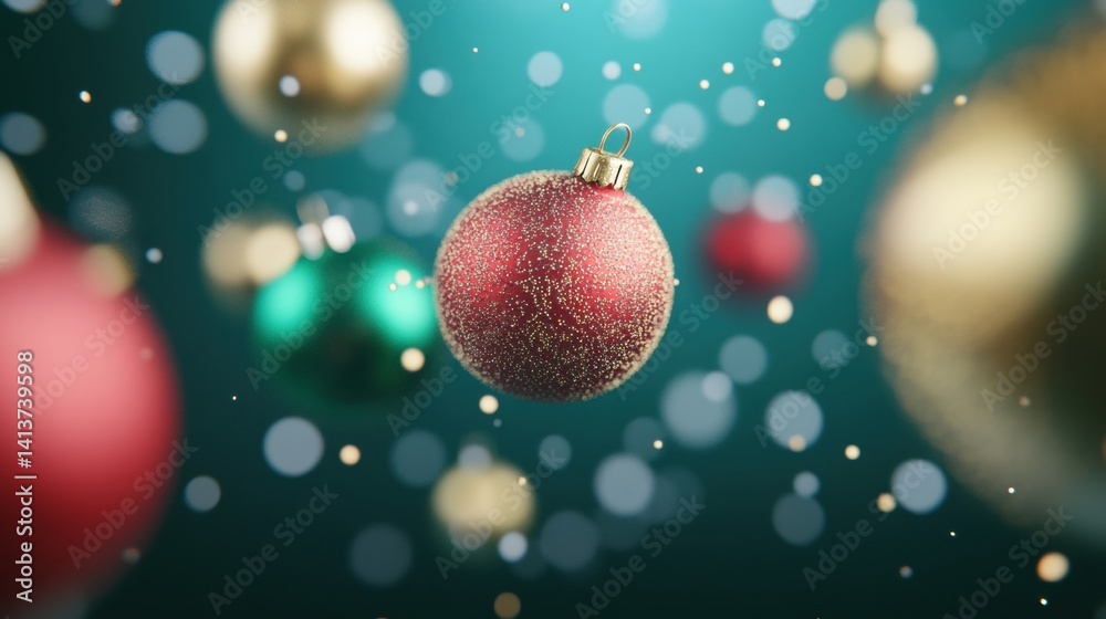 Obraz premium Red and green ornaments shine against a vibrant backdrop, aglow with festive lights and soft bokeh, capturing the holiday spirit