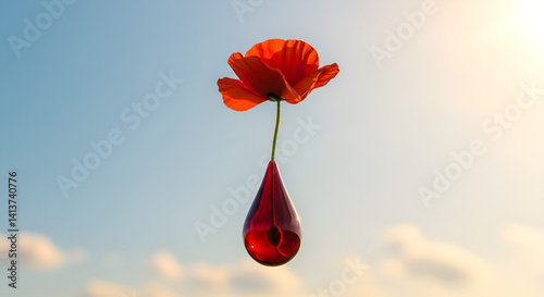 A symbolic scene of hope: red flower blooming from a blood drop, with sunlight and a sky-blue background