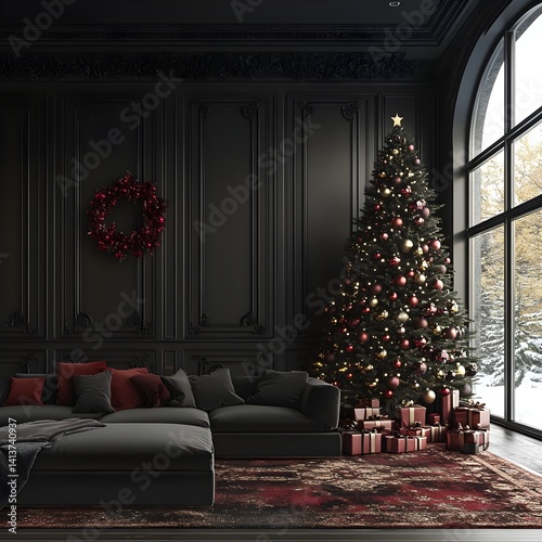 Black Christmas Living Room Decor with Christmas Tree and Gifts