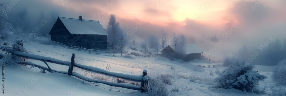Fototapeta premium Winter Wonderland Snowy Cabin Foggy Sunrise Forest Landscape