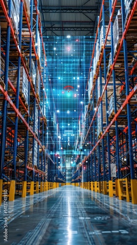 Warehouse inventory management system, aisle view, digital overlay, future logistics