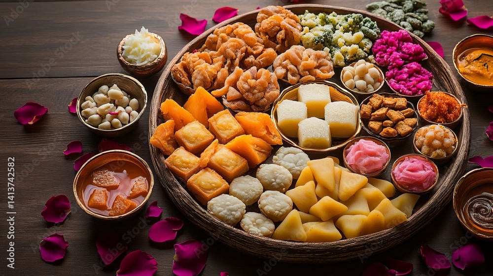 Fototapeta premium Indian Sweet Treats Platter Festive Food Diwali Sweets Traditional Indian Dessert Mithai Assortment