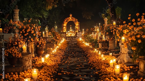 Day of the Dead Cemetery Pathway with Marigolds and Candles