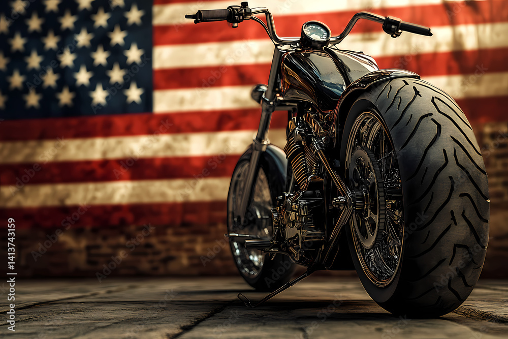 Obraz premium Ride of Freedom: A custom motorcycle stands boldly against the backdrop of an American flag, embodying the spirit of freedom and the open road.