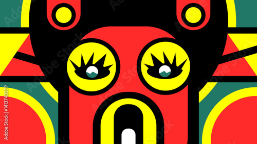 Abstract Geometric Face with Colorful Shapes. Retro art design with yellow, red, and green. Vector illustration for party, concert, or cover.
