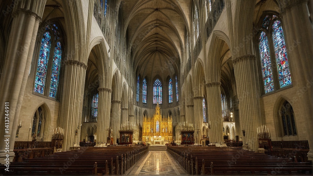 Obraz premium Majestic Interior of a Gothic Cathedral, Showcasing Stained Glass and Soaring Columns in an Architectural Masterpiece.