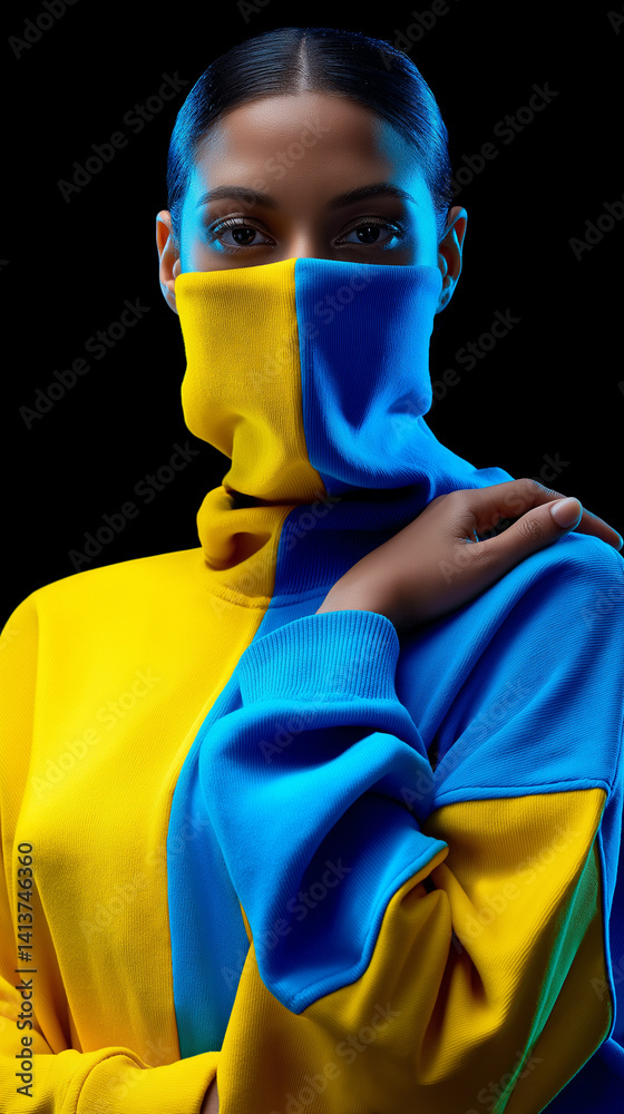 Porträt einer Frau mit schwarzem Haar, die eine leuchtend gelbe Gesichtsmaske und passende gelbe Kleidung trägt. Ukraine Farben