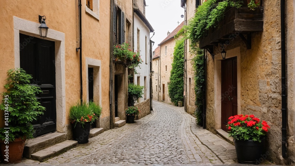 Fototapeta premium A Winding Cobblestone Path Through a Quaint European Village, Featuring Buildings Adorned with Flowers and Timeless Architectural Details.