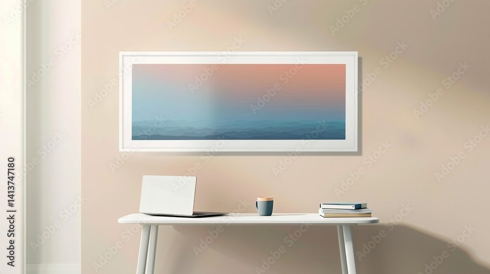 A white rectangular frame mounted in a hallway, above a small table with a cup, a laptop, and some books. HD 8K wallpaper mockup Photographic Image A white rectangular frame mounted in a hallway, above a small table with a cup, a laptop, and some books. HD 8K wallpaper mockup Photographic Image