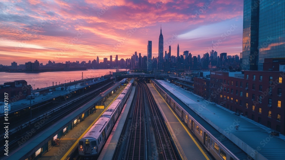 Fototapeta premium Sunrise over NYC subway tracks
