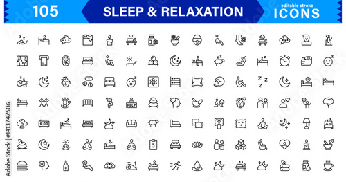 Sleep and Relaxation Icons for Peaceful and Soothing Designs. Featuring Cozy Symbols for Rest, Meditation, and Tranquility in Your Digital Work.