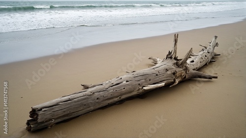 Weathered Log on Sandy Shores: A Reminder of Nature's Beauty, Featuring Ocean Waves and Tranquil Beach Scenery.