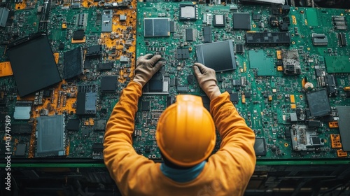 Worker repairs circuit boards in a recycling facility