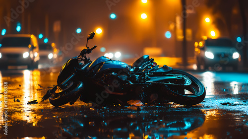 Urban Collision: A motorcycle lies damaged on a rain-slicked city street at night, illuminated by the glow of streetlights and car headlights, conveying a narrative of an accident or aftermath.