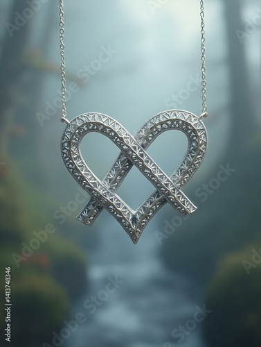 Intricate, interlocking infinity symbols crafted from delicate silver filigree, suspended in a misty atmosphere, evoke a sense of eternal love, unity, and forever bonds.
