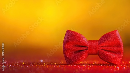 A vibrant red bow tie is centered on a glittering surface against a warm yellow background, perfect for a celebration or event