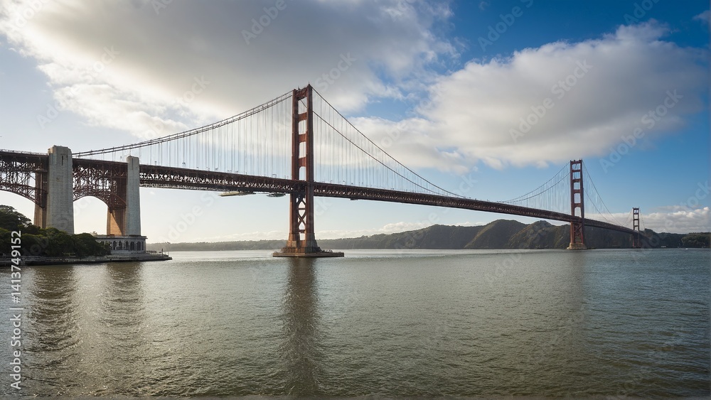 A Magnificent Suspension Bridge Over Calm Waters, Connecting Distant Shores Under a Sky Painted with Hues of Blue and Soft, Billowing Clouds. A Magnificent Suspension Bridge Over Calm Waters, Connecting Distant Shores Under a Sky Painted with Hues of Blue and Soft, Billowing Clouds.
