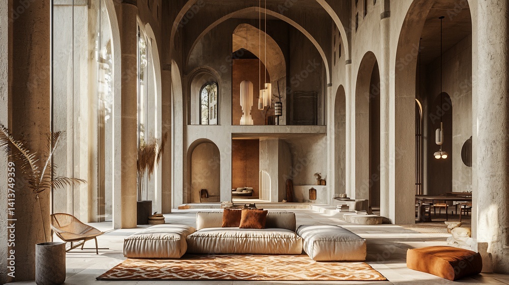Obraz premium Spacious interior featuring arched architecture, modern furniture, and natural light