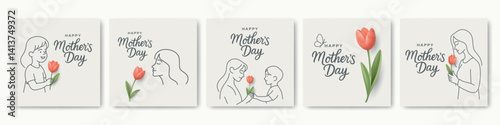 Mother s Day. Vector Square Cards with Tulip Flower And Minimal Line Art of Woman and Child. Hand Drawn Style Greeting Cards. Happy Mothers Day Floral Design For Spring Holiday Celebration