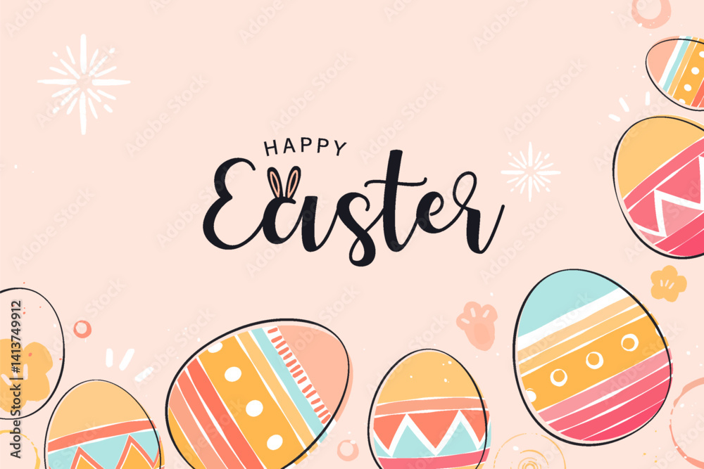 Easter background border design frame with happy Easter text, vector illustration  