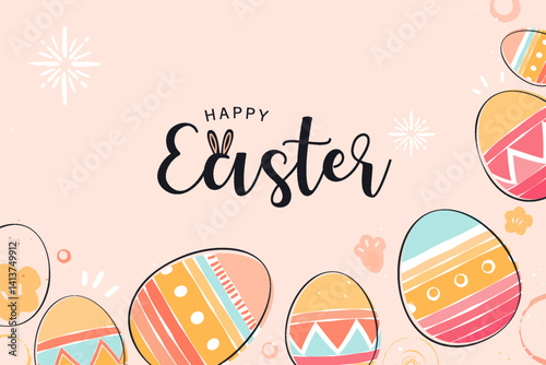 Easter background border design frame with happy Easter text, vector illustration  
