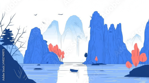 Mountain and River Scene in Sharp Edges, Line Art, Simple Vector Logo Style photo