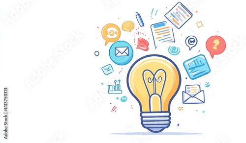 A glowing light bulb with various idea related symbols