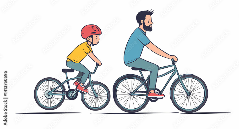 Obraz premium Father and Son Cycling: A heartwarming illustration of a father and son enjoying a bike ride together. Capturing the joy of a shared outdoor activity, embodying themes of togetherness.