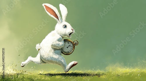 Whimsical white rabbit dashes with pocket watch. photo