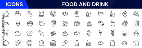 Vector illustration web line icon collection featuring food and drink elements—fruits, vegetables, beverages, utensils, meals, snacks, cooking tools, and dining essentials in minimalist style.