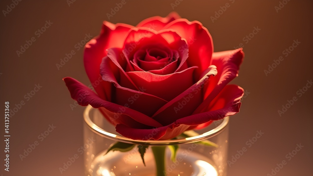 Fototapeta premium A close-up of a perfect red rose in a clear glass vase, bathed in soft, warm light
