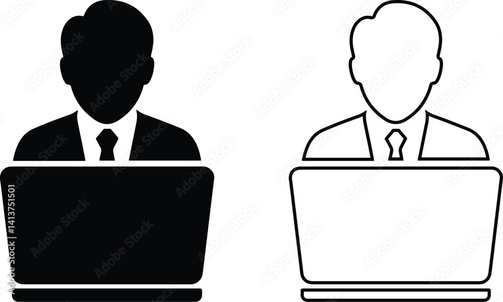Minimalist Business Professional Icon at Laptop – Black and White Silhouette Minimalist Business Professional Icon at Laptop – Black and White Silhouette