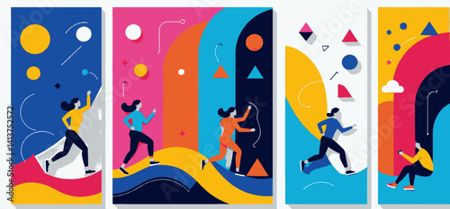 Colorful Abstract Illustrations of Women Running_Motivation and Success_Vector Art for Graphic Design and Web_Inspirational Artwork_Vibrant Colors_Modern Style