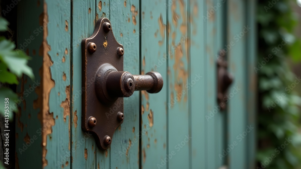 Rustic Doorway: Weathered Wood and Metal Handle with Peeling Paint, Capturing Vintage Architectural Charm Rustic Doorway: Weathered Wood and Metal Handle with Peeling Paint, Capturing Vintage Architectural Charm