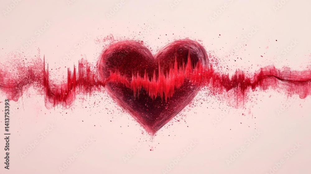 Abstract red soundwave morphing into a heart shape on a soft light pink background, perfect for creative digital art, music, and romantic-themed