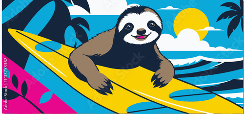 Surfing Sloth on a Yellow Surfboard_Tropical Beach Scene with Palm Trees_Fun Animal Illustration for Summer Vibes and Vacation Themes_Bright Colors and Playful Design