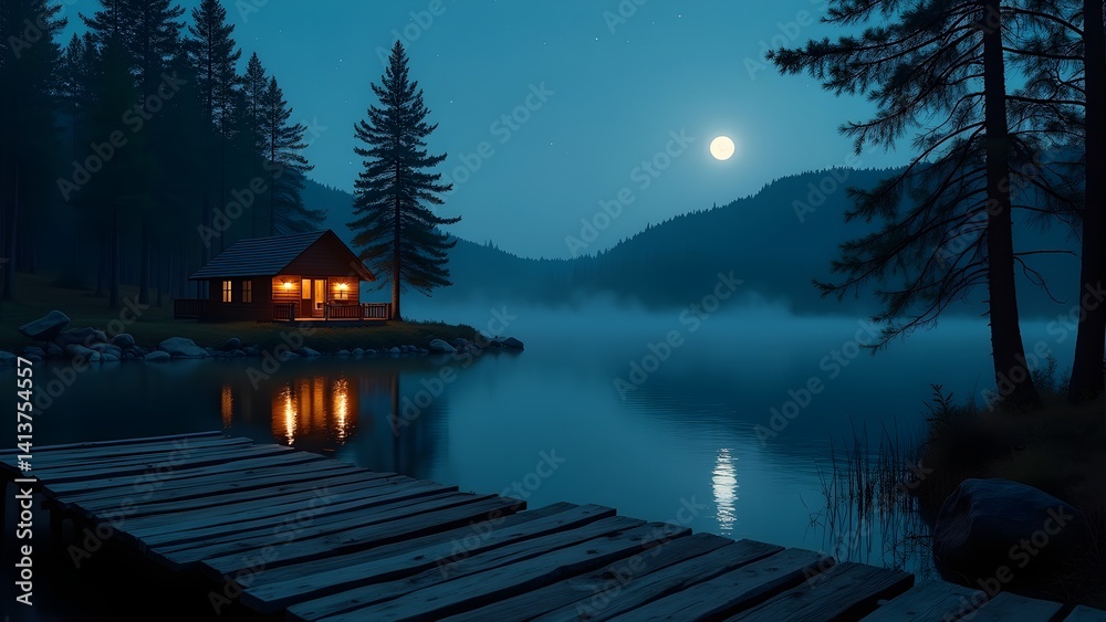 Fototapeta premium Cabin on the Lake at Night Under Moonlight
