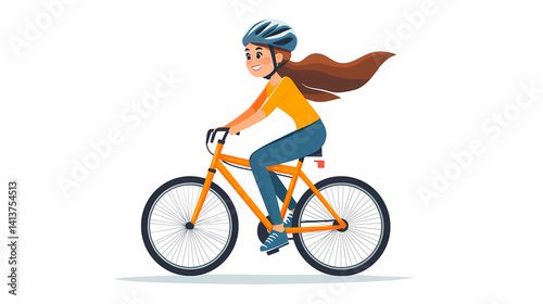 Joyful Cycling: A cheerful girl with long brown hair rides an orange bicycle on a sunny day, capturing the joy and freedom of outdoor activity and healthy lifestyle.