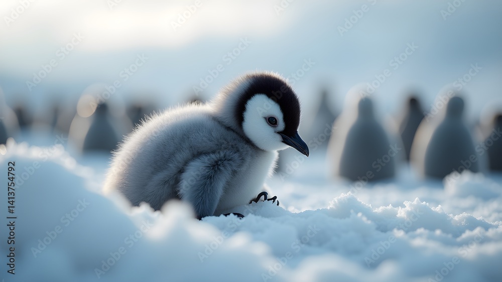 Fototapeta premium Adorable Emperor Penguin Chick Amongst a Group on the Ice of Antarctica