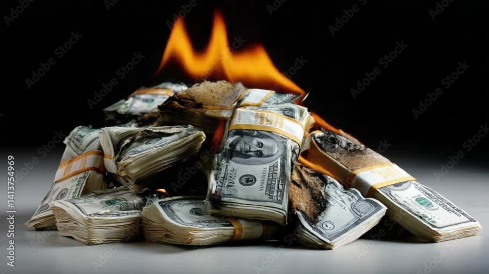 Burning Money: The image depicts a pile of money engulfed in flames, symbolizing waste, loss, or financial recklessness.