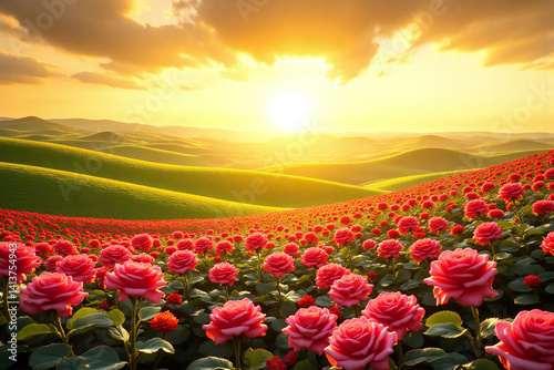 field of roses with the sun setting in the background