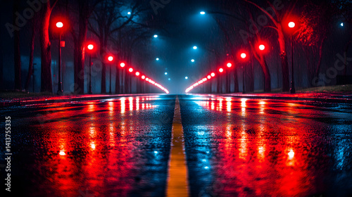 Rainy night street scene with vibrant red and blue streetlights reflecting on a wet road.  Dramatic and atmospheric image perfect for backgrounds or moody themes.