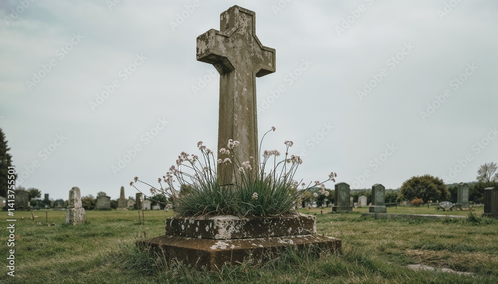 Photo of a weathered stone cross surrounded by delicate flowers and green grass in a tranquil cemetery Photo of a weathered stone cross surrounded by delicate flowers and green grass in a tranquil cemetery
