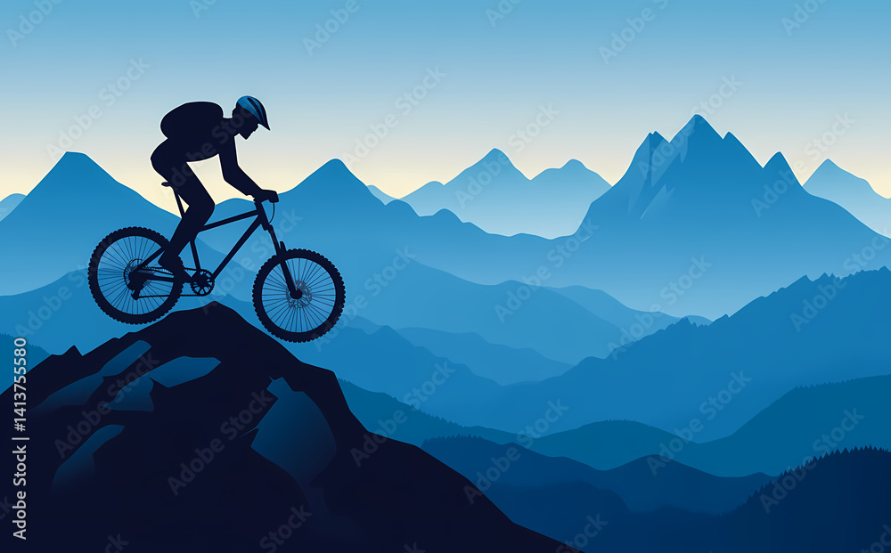 Fototapeta premium Mountain Biking Silhouette: A lone cyclist conquers a rocky peak, silhouetted against a breathtaking panoramic mountain range at dawn or dusk. The scene embodies adventure, freedom.