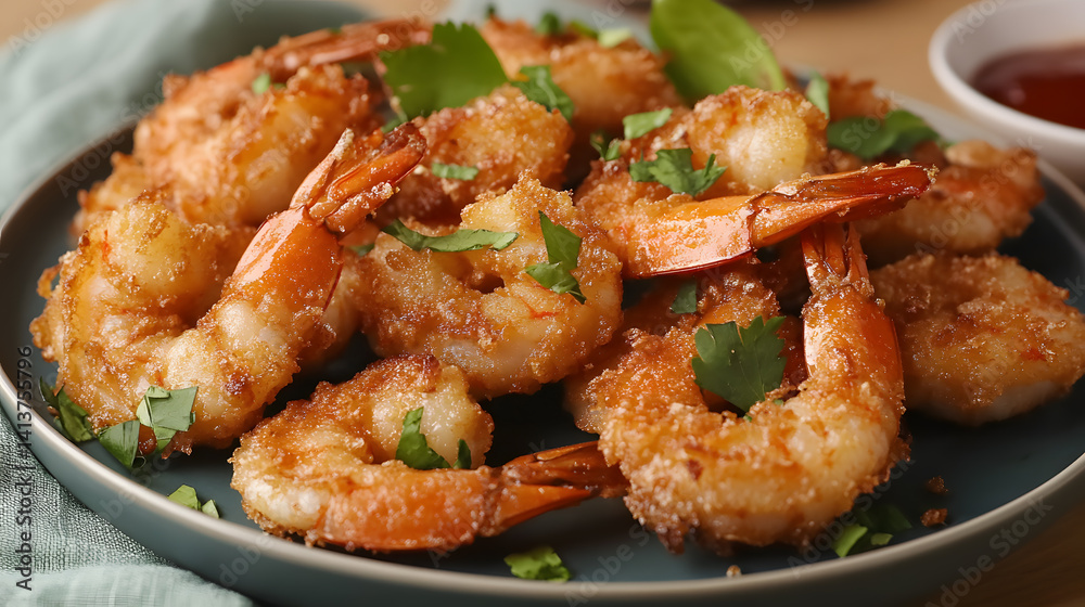 Crispy shrimp garnished with fresh herbs on blue plate, creating restaurant style presentation Crispy shrimp garnished with fresh herbs on blue plate, creating restaurant style presentation
