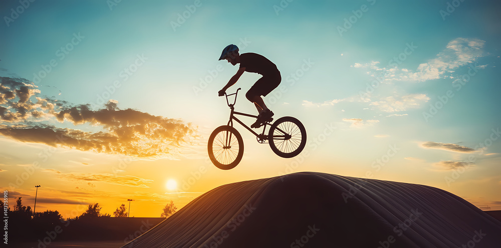 Obraz premium BMX Rider Silhouette in Sunset: A captivating silhouette of a BMX rider executing a daring stunt against a vibrant sunset. The scene captures the essence of action, adrenaline.