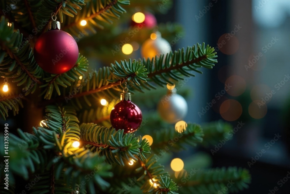 Ornate pine tree adorned with warm fairy lights , decor, ambiance, yule Ornate pine tree adorned with warm fairy lights , decor, ambiance, yule
