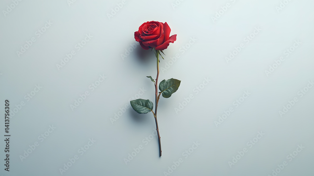 Fototapeta premium single red rose with delicate petals beautifully placed on light background, evoking elegance and simplicity