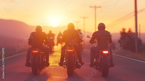 Motorcycle Riders at Sunset: A group of motorcyclists cruise along a sun-drenched highway, silhouetted against a fiery sunset, evoking the spirit of adventure and freedom on two wheels.