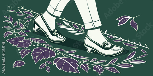 Hand drawn vector illustration of fashionable shoes, a stylish footwear pair against purple foil dark green background vector illustration.
